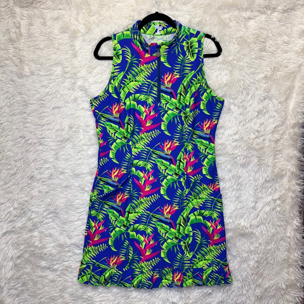 Tzu Tzu Shiloh Golf Dress Sz XL Blue Tropical Bird of Paradise Sleeveless Zip